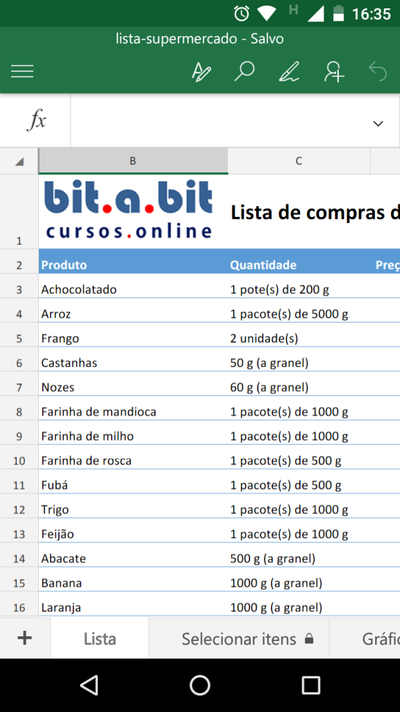 Lista de compras no Excel - bit a bit